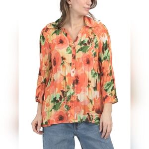 NWT - Sunny Leigh Orange Multi Floral Semi Pleated Button-Up Blouse - Size L
